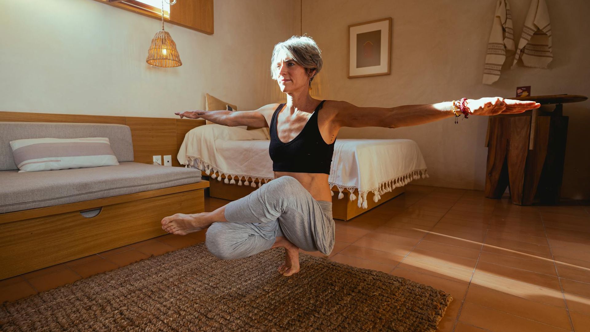 Calm morning atmosphere for yoga practice with soft lighting